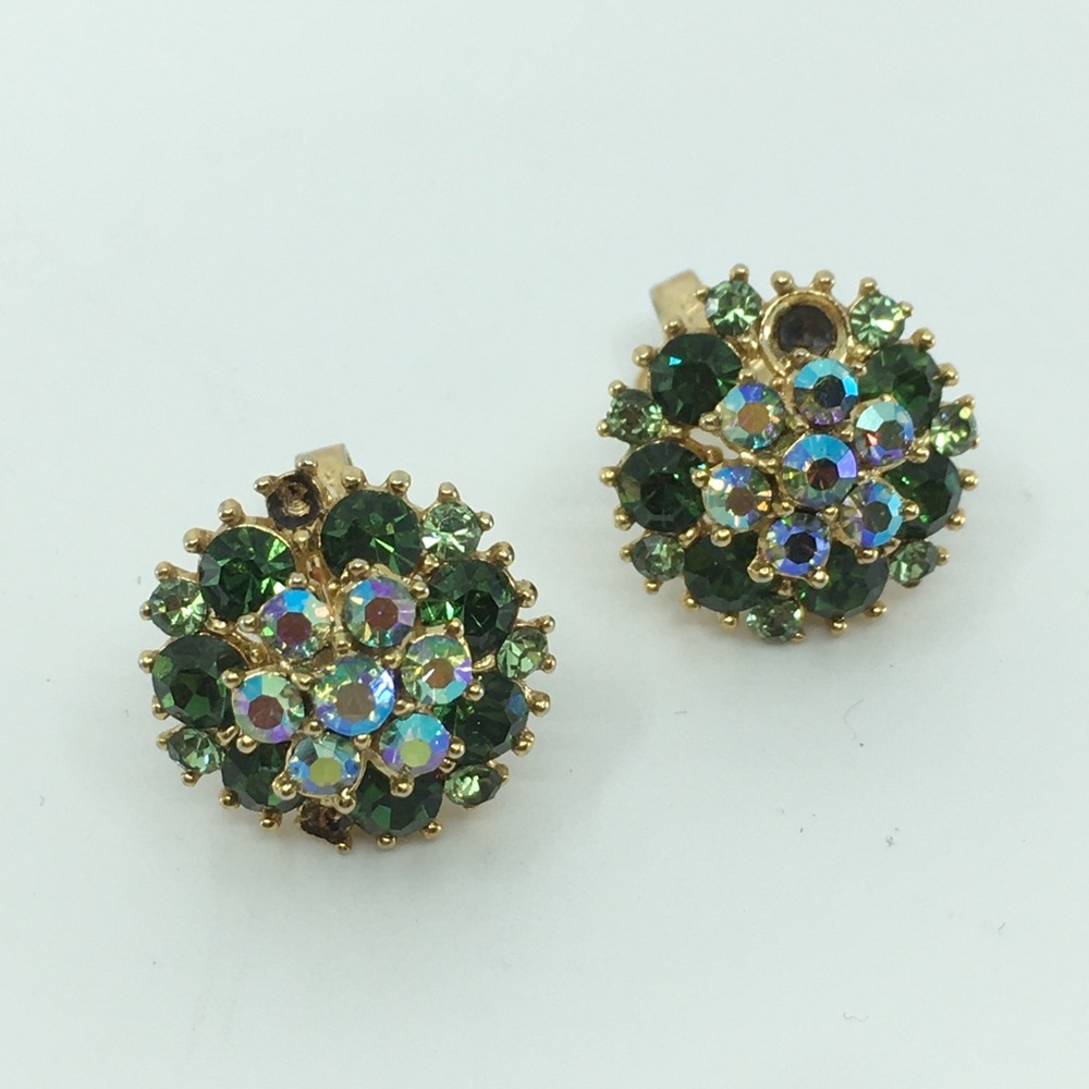 Vintage Signed Trifari Green Aurora Borealis AB Dome Rhinestone Clip-On Earrings